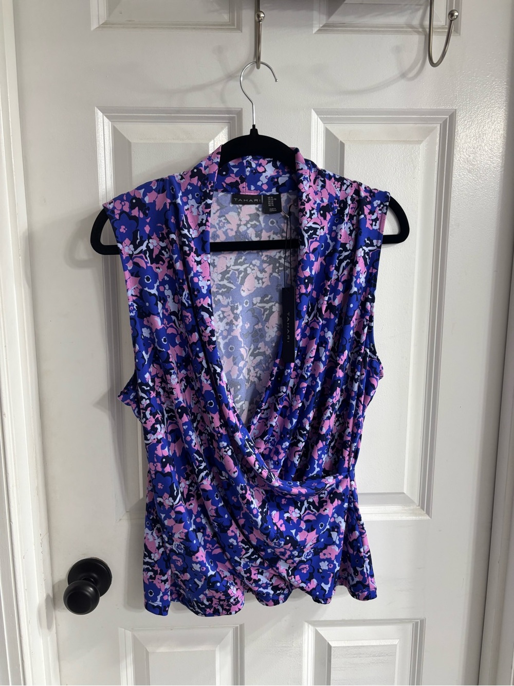 Tahari Purple and Pink Floral Draped V-Neck Camisole